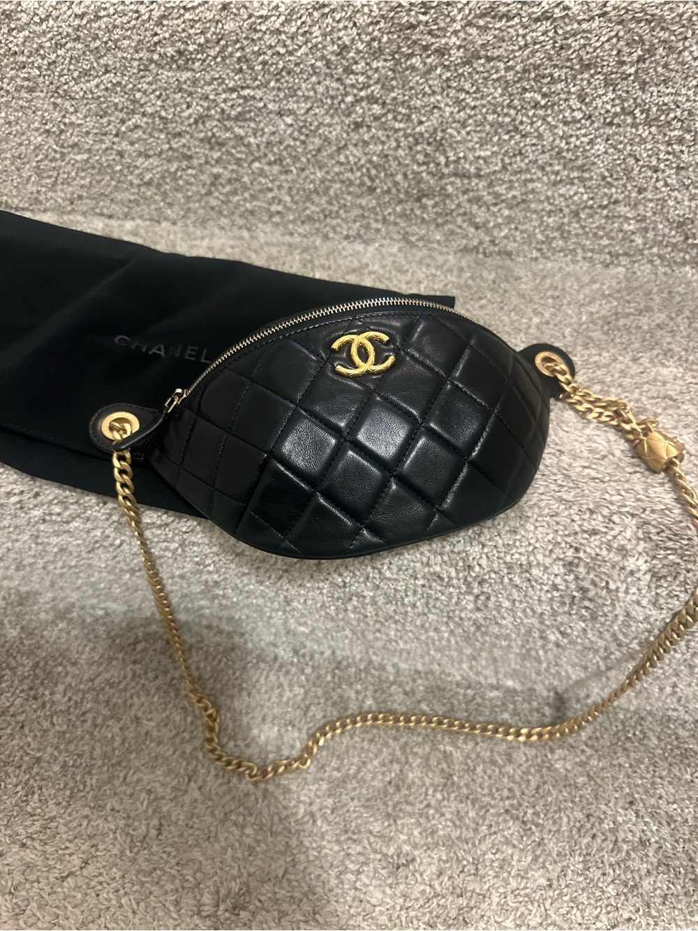CHANEL Black Quilted Leather Crossbody Belt Bag with Gold Chain